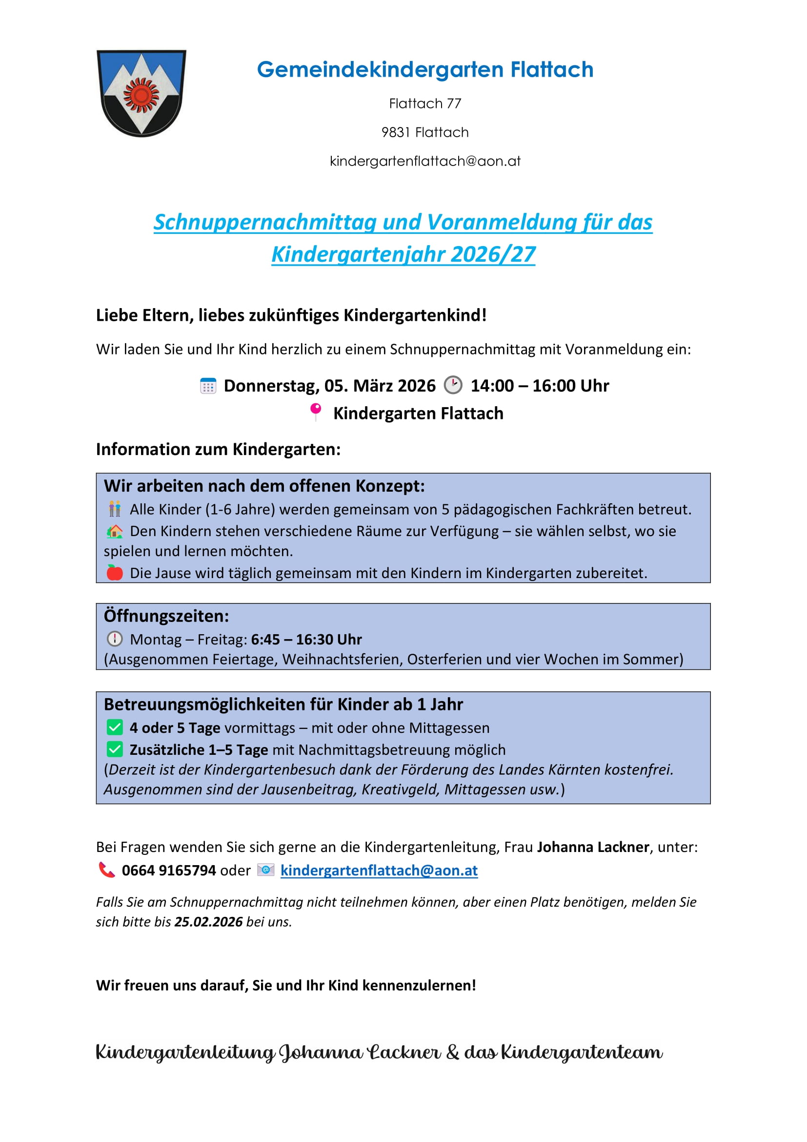 Kindergarten Flattach - Schnuppernachmittag und Voranmeldung für das Kindergartenjahr 2026/2027