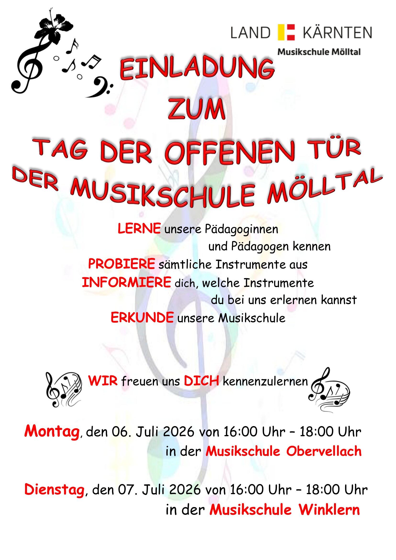 Einladung zum Tag der offenen Türen der Musikschule Mölltal