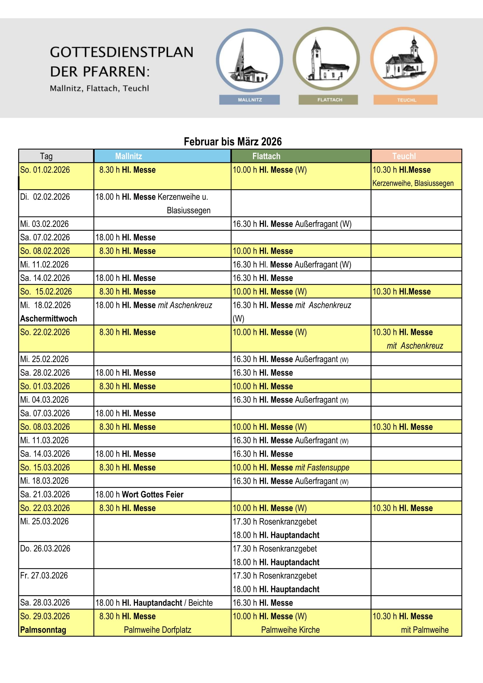 Übersicht der Termine der Pfarre Flattach