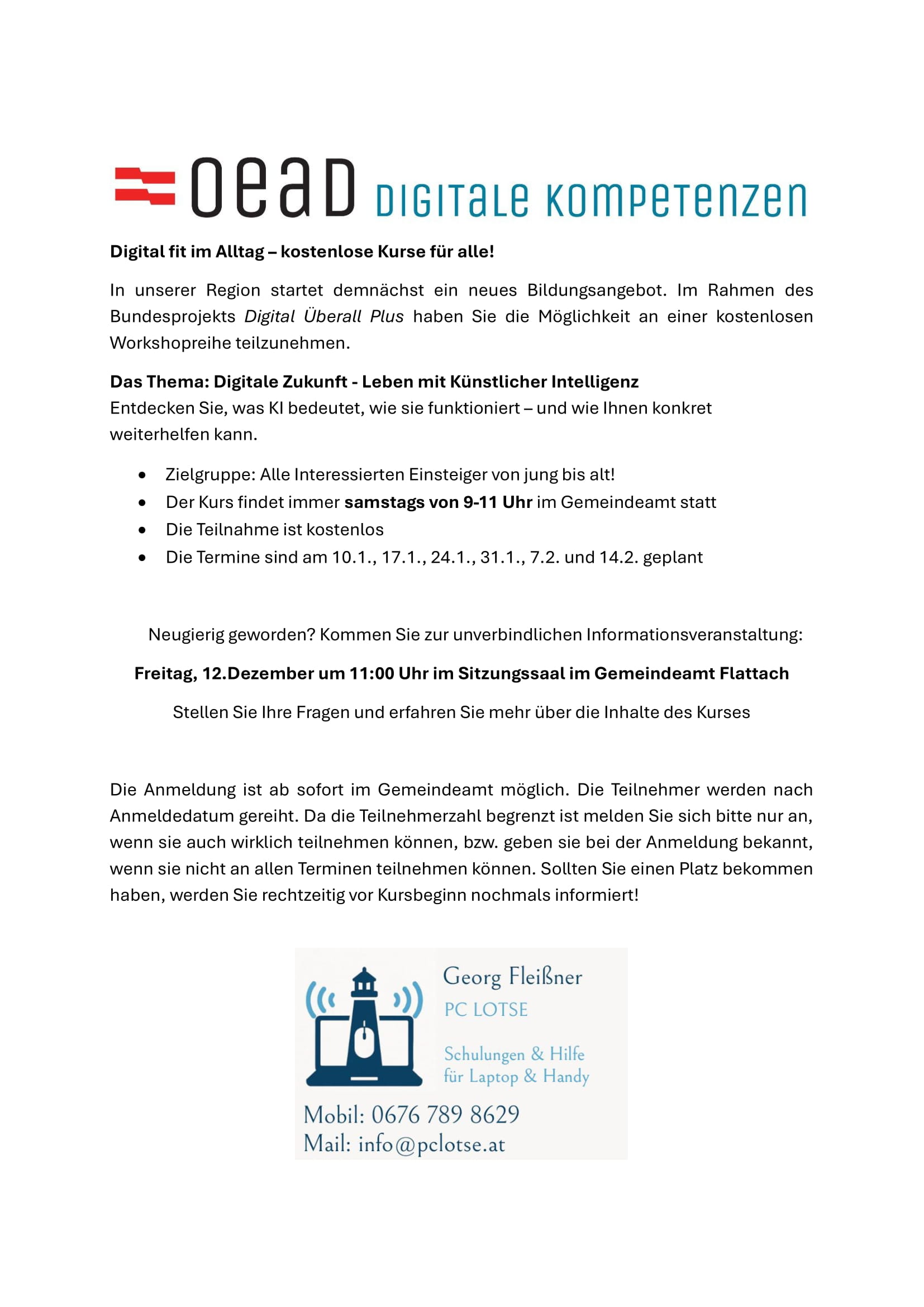 Kursstart "Digitale Zukunft - Leben mit Künstlicher Intelligenz" 